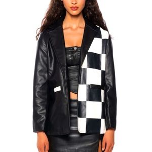 Miz Check Me Out: Black & White Color Block Vegan Leather Blazer Medium